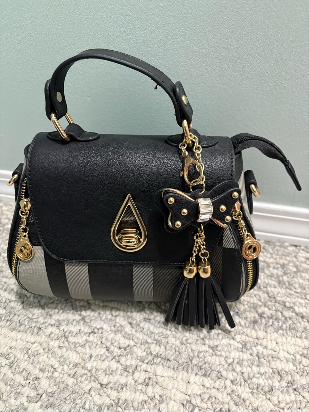Black Striped Top-Handle Satchel with Bow Charm